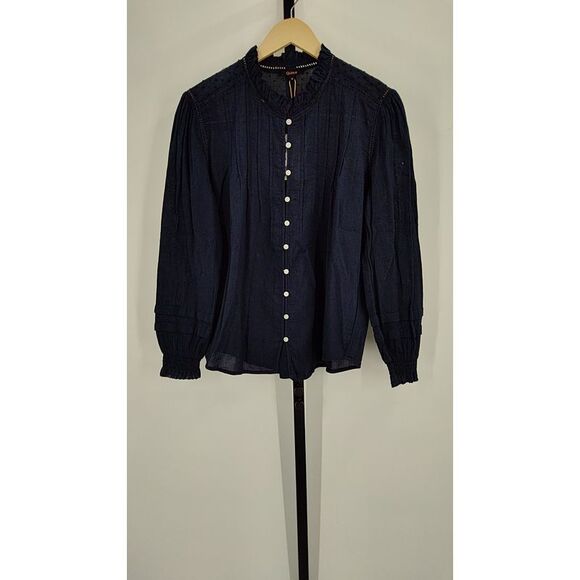 Quince Tops - Quince Women Organic Textured Cotton Peasant Blouse Navy Sleeved Top M